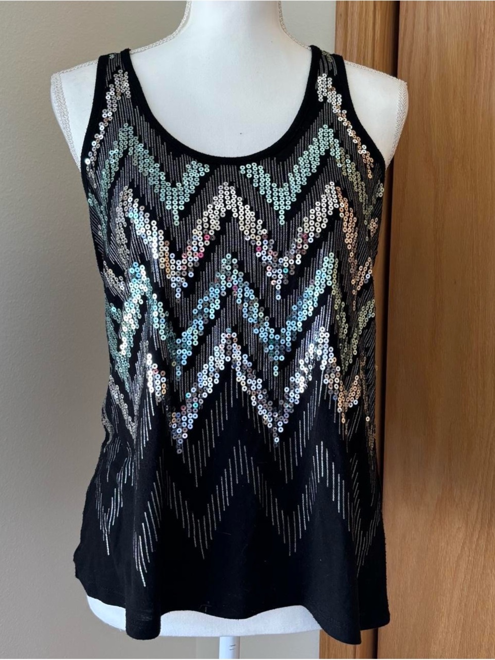 Vanity Black Tank Top with Iridescent Chevron Sequins